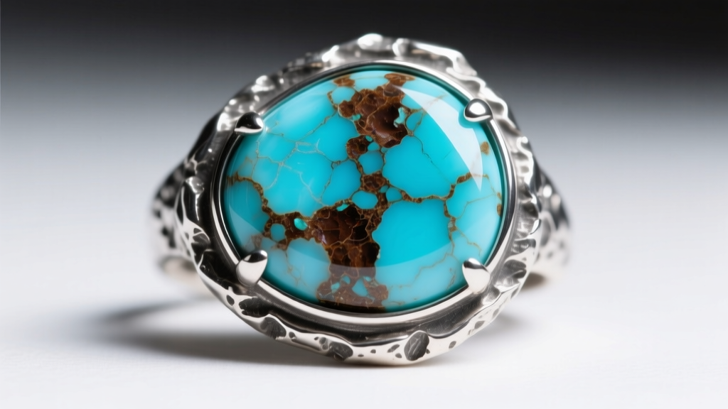 Macro shot of natural turquoise showing intricate brown host rock inclusions, set in a heavily textured sterling silver bezel.