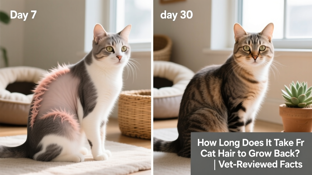 Side-by-side comparison showing a cat’s shaved flank at day 7 versus day 30, highlighting early regrowth progress