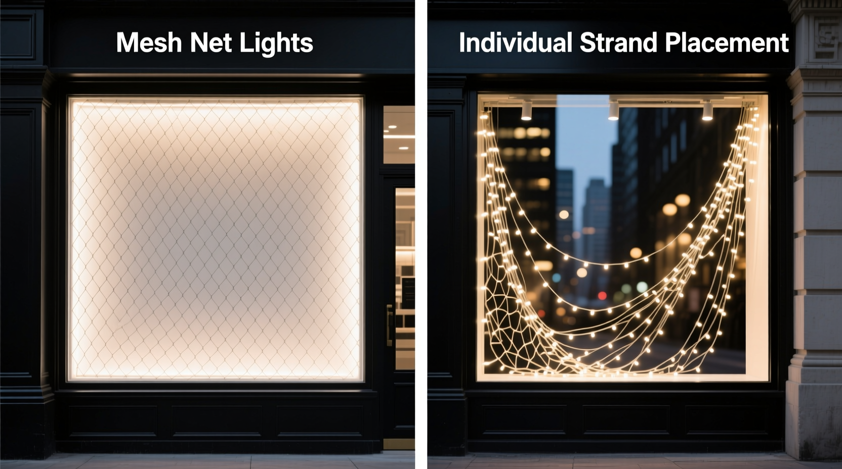 mesh net lights vs individual strand placement for window displays
