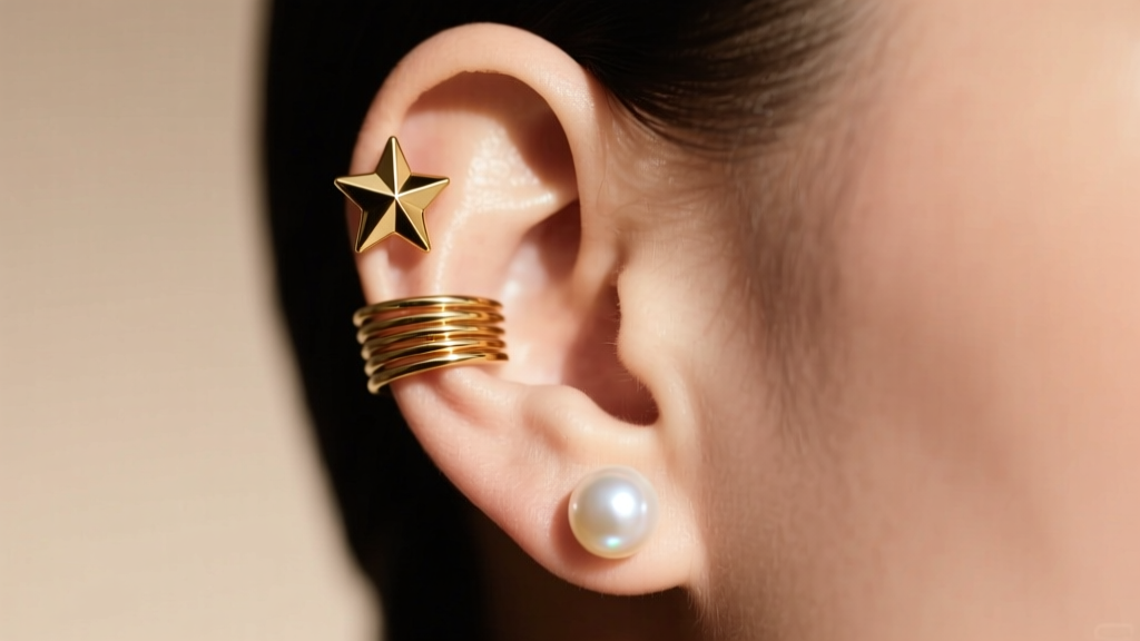 Ear styling shot showing a curated stack with a 4mm solid gold star stud in the upper lobe and a 4mm pearl in the tragus.