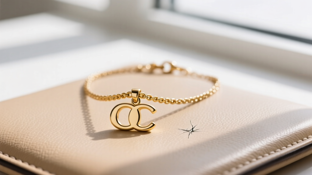 Flat lay of a gold-tone Coach signature C pendant necklace on beige leather, highlighting a small scratch revealing brass base metal.