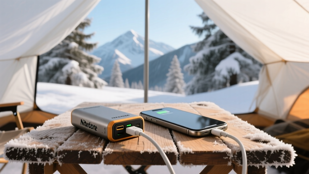 Scuffed IP67-rated Nitecore power bank charging a smartphone via USB-C in a snowy alpine basecamp environment.