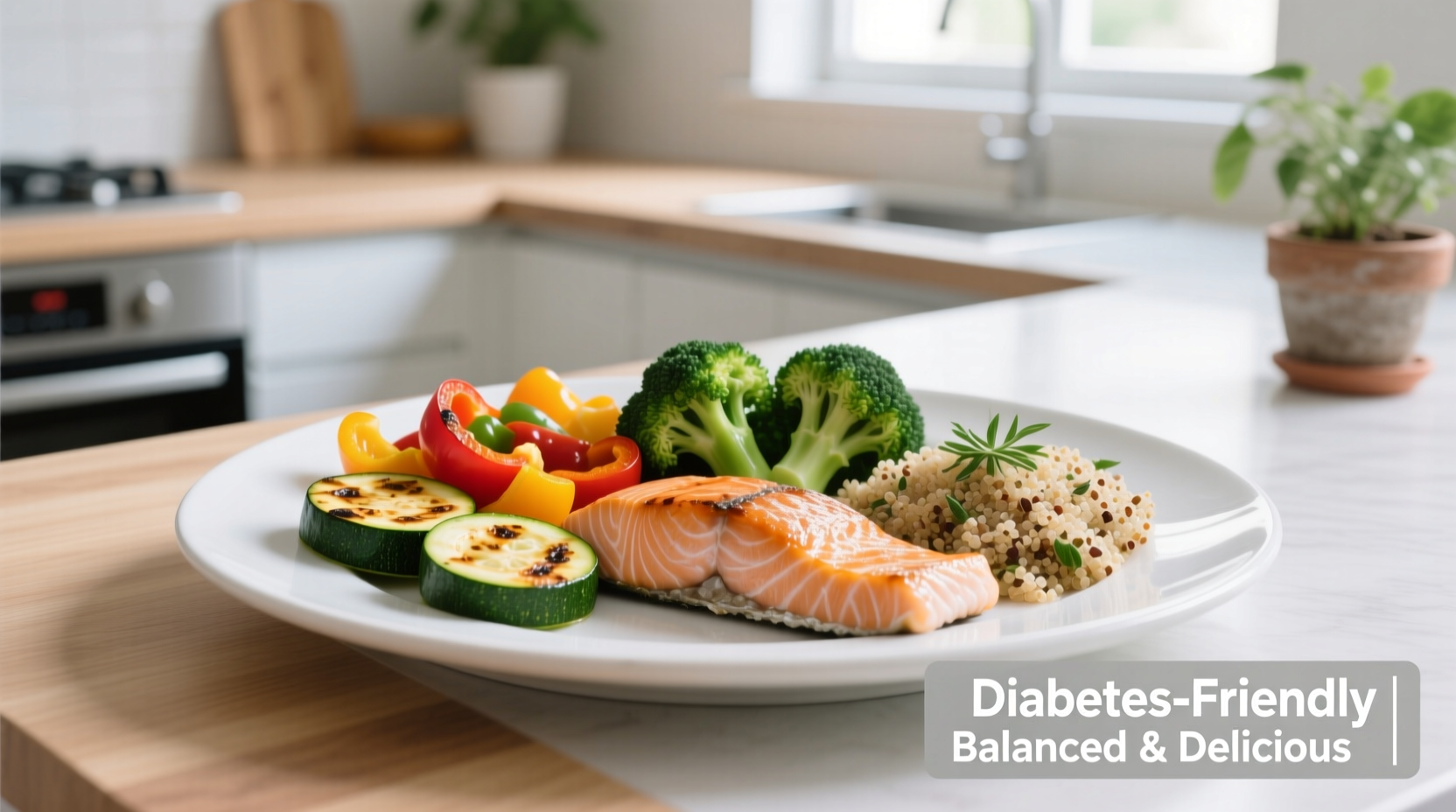 Colorful plate of diabetes-friendly foods with vegetables and lean protein