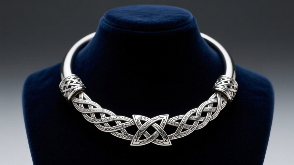 Polished sterling silver Celtic torque necklace with La Tène terminal caps on a dark velvet bust under soft studio lighting.