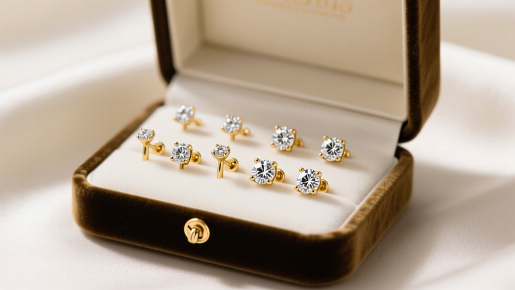 Open velvet box showing 14k gold diamond stud earrings with varying post lengths and screw-back clasps on soft ivory silk.