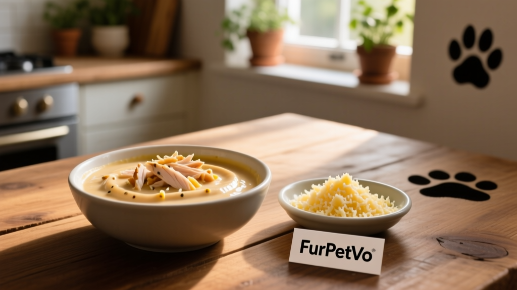 A bowl of FurPetVo grain-free chicken and cheese puree beside a small dish of grated parmesan