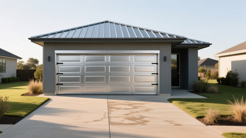 Modern detached two-car garage with insulated steel carriage doors, standing seam metal roof, and fresh concrete driveway
