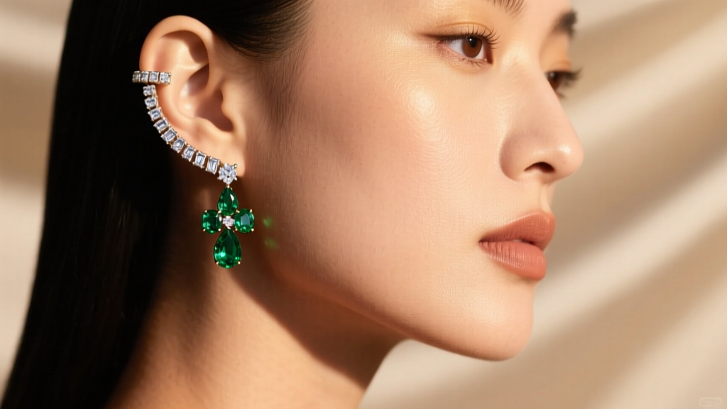Side profile showing asymmetrical diamond and emerald ear cuffs with baguette diamonds and pear emeralds against warm skin tones