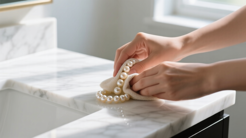 Hands wiping cream-colored pearls with a damp microfiber cloth over a white marble vanity top in soft natural daylight.