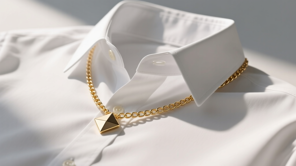 Flat lay of white button-down shirt with 14k gold 18-inch box chain and small geometric pendant resting on the fabric collar