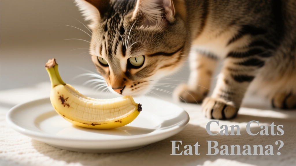 A cat curiously sniffing a small slice of banana on a clean surface