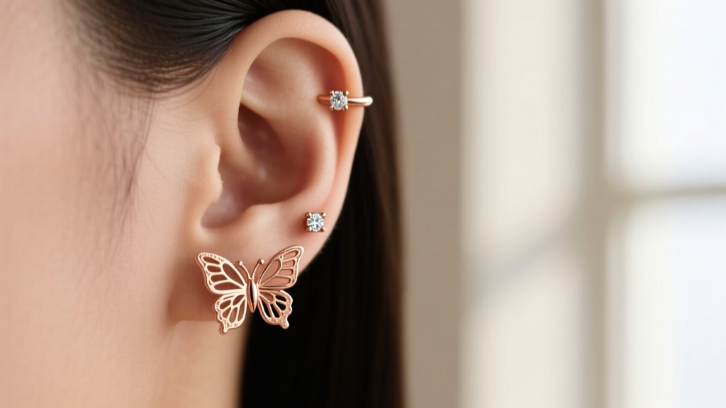 Side profile of a 16g rose gold cartilage butterfly earrings hoop paired with small diamond helix studs in a modern curated ear