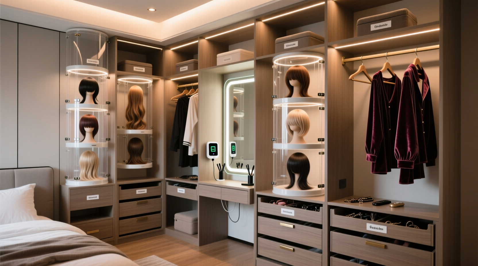 cosplay wig storage daily wear closet layout