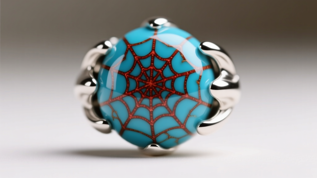 Macro shot of a silver squash blossom bead set with deep blue Bisbee turquoise showing reddish-brown spiderweb matrix patterns.