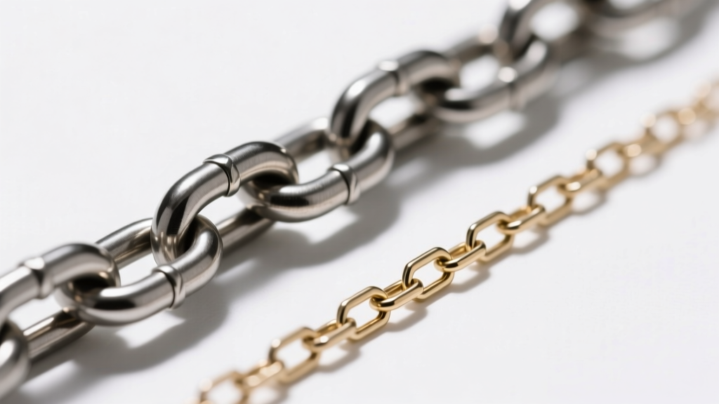 Macro photography comparing a 1.2mm steel rolo chain to a delicate box chain, showing link thickness and smooth weld points