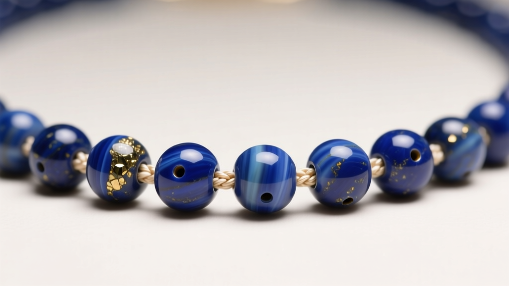 Macro shot of a 2mm lapis lazuli tiny bead necklace, showing braided thread passing through 0.5mm holes in soft light.