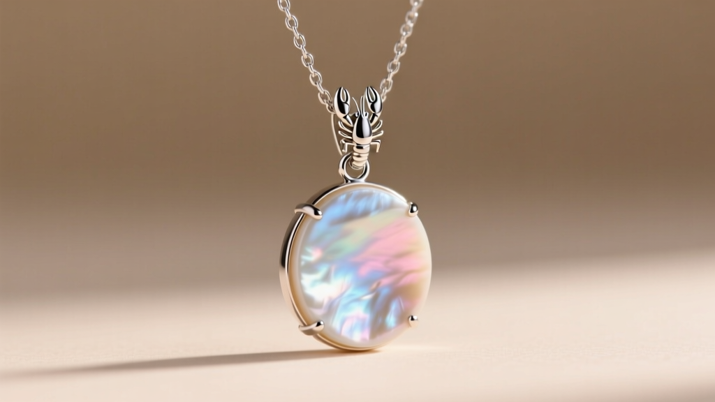 Real mother of pearl pendant on a sterling silver chain, focusing on a secure lobster clasp and polished jump ring hardware.