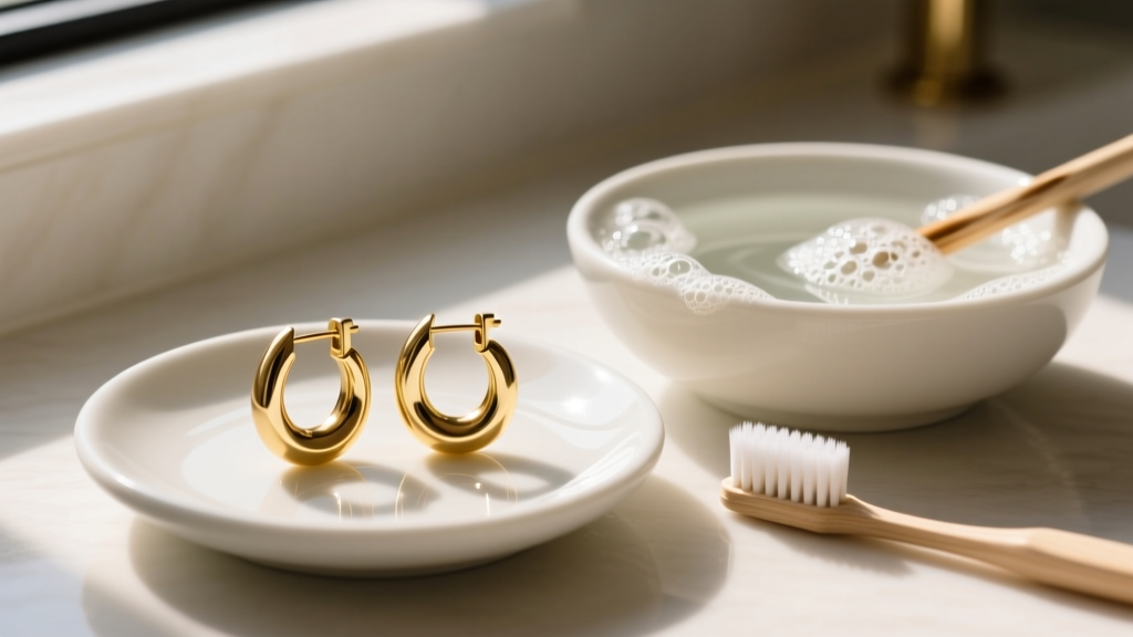 14k solid gold hoop earrings on a ceramic dish beside a bowl of soapy water and a soft toothbrush in bright warm natural sunlight