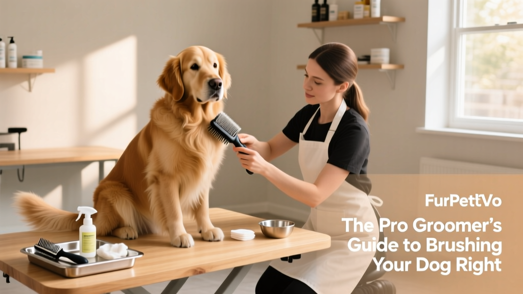 A calm, well-groomed dog sitting comfortably on a grooming table while a person gently brushes its coat with a FurPetVo Slicker Brush, with grooming tools neatly arranged nearby