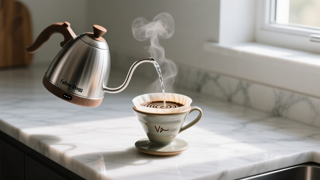 Fellow Stagg EKG electric gooseneck kettle pouring steaming water into a ceramic V60 dripper on a modern marble kitchen countertop