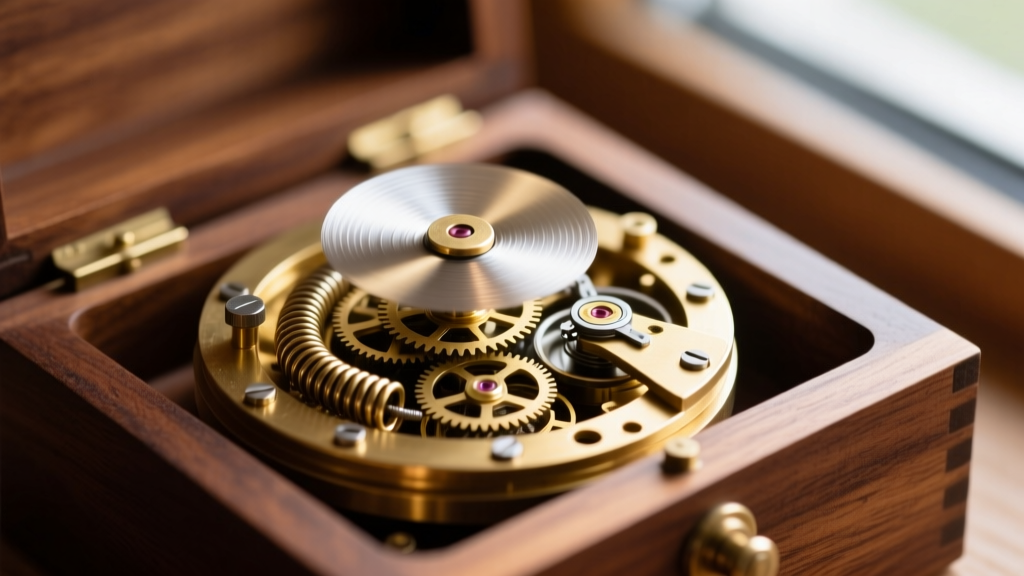 Macro shot of a brass Swiss cylinder music box mechanism inside a wooden base, showing the governor fan and spring.