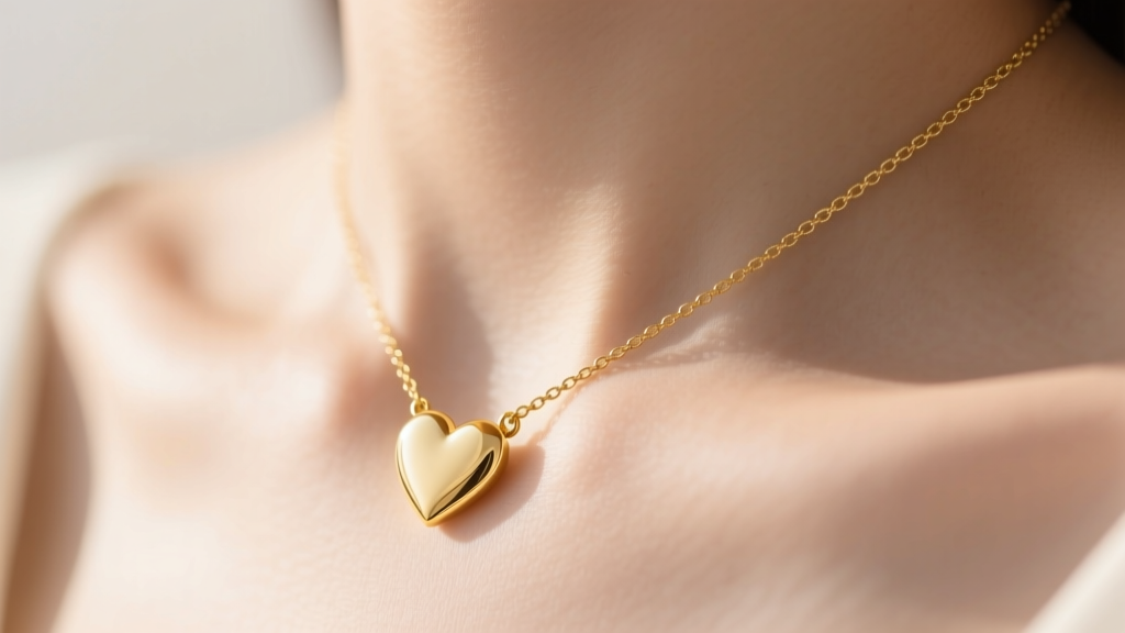 Close-up of a 14k solid yellow gold dainty heart necklace resting on a collarbone, soft lighting highlighting the polished metal