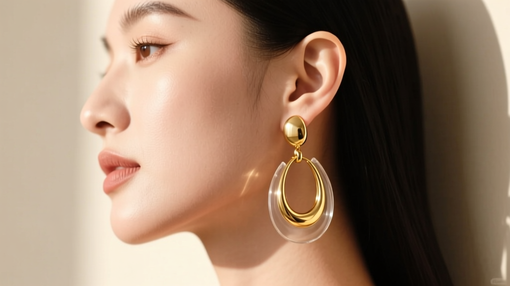 Side profile of a woman wearing heavy gold drops supported by clear lobe pads, showing a lifted and comfortable earlobe posture.