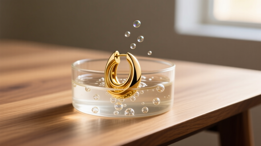 Ultrasonic cleaning bath with a two-tone gold earring submerged, showing soft bubbles and warm ambient lighting on a wooden desk.