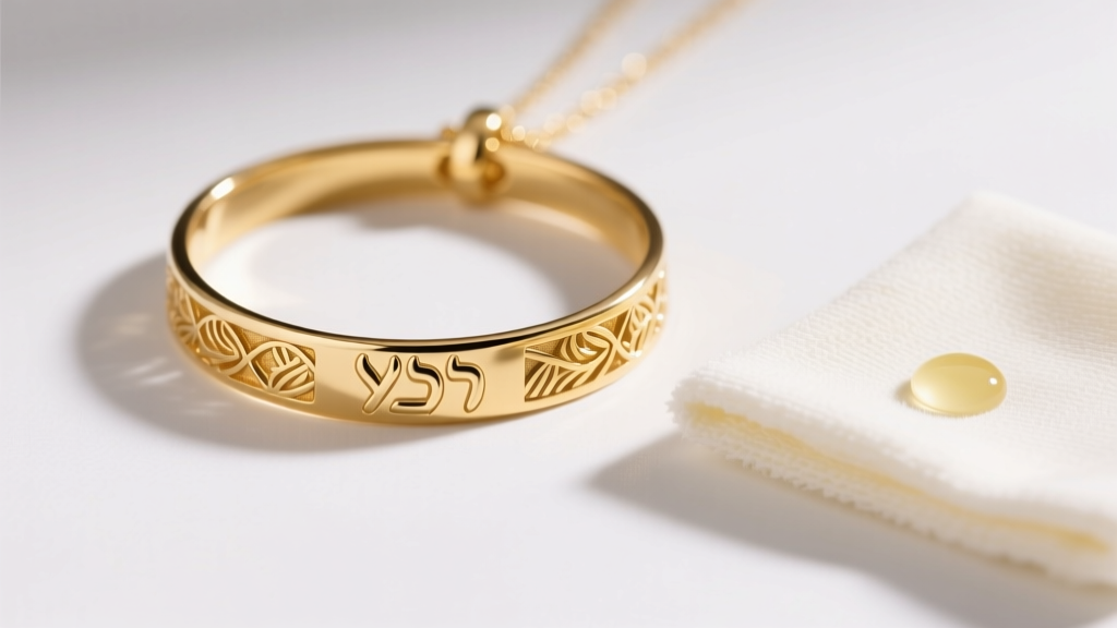 Digital jewelry scale weighing a solid 14k gold Yahweh necklace showing 4.5 grams, beside a soft polishing cloth and mild soap.