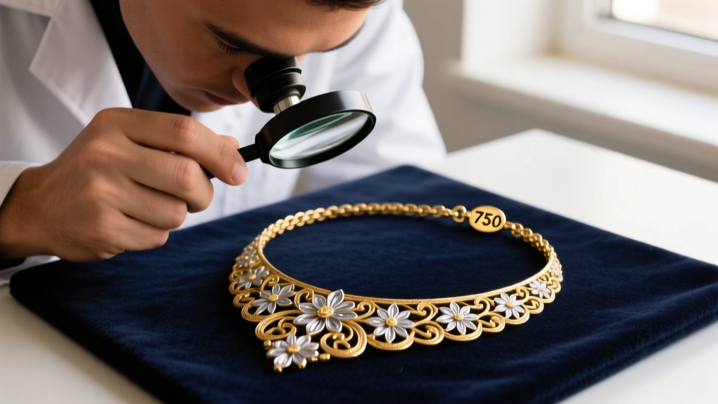 Jeweler using a loupe to inspect a 750 hallmark stamp on the clasp of an Iranian filigree gold chain necklace on dark felt pad.