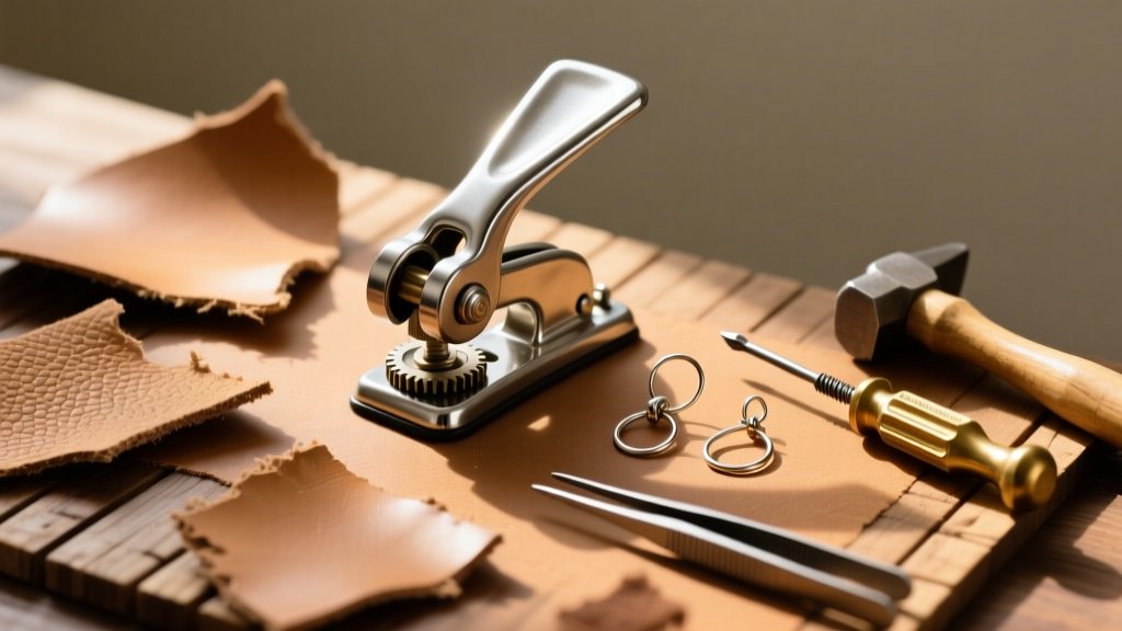 Top-down view of tan leather scraps, a rotary punch, titanium ear wires, and brass tools on a wooden mat in warm light