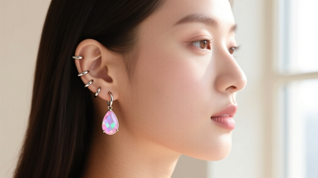 Side profile of a woman wearing 16-gauge titanium cartilage huggies with pink opal teardrops, showcasing a curated ear layout.