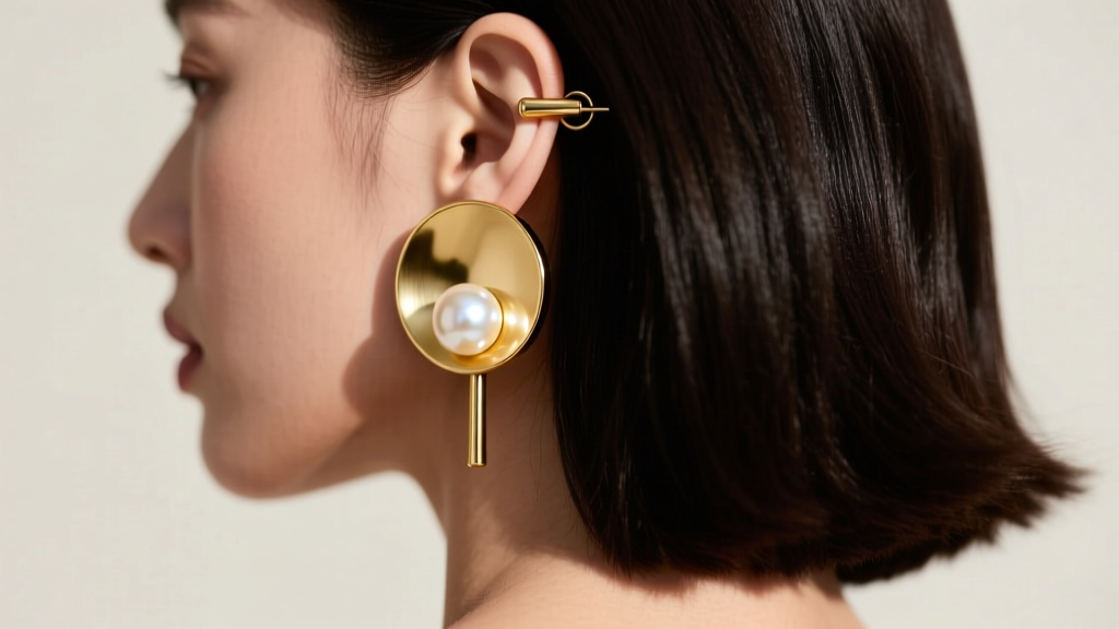 Back view of heavy pearl earring showing a wide 10mm gold disc friction clutch supporting a thick 1mm post on a model earlobe