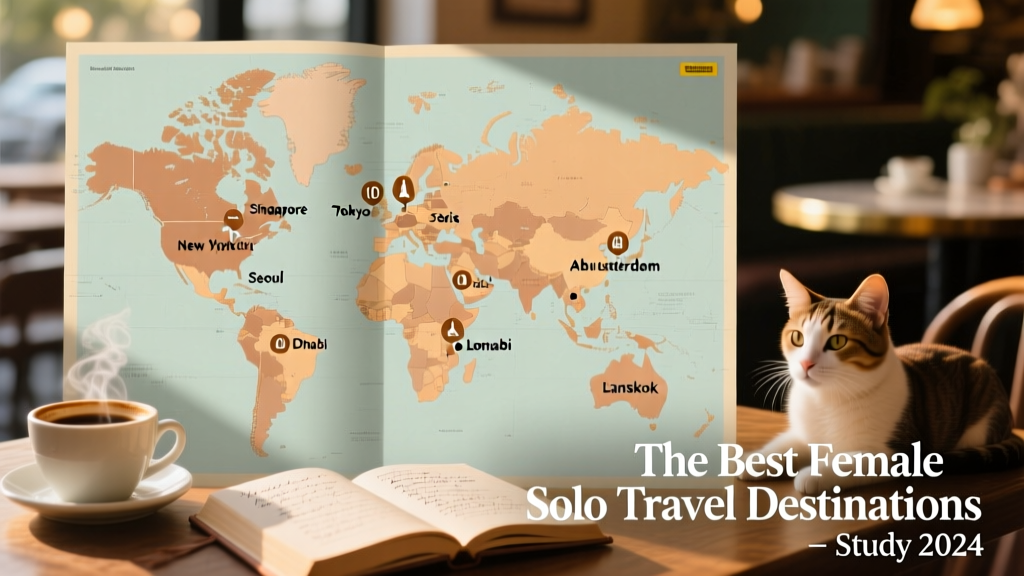 Map highlighting the top 10 global solo travel destinations for women, with icons marking Singapore, New York City, Dubai, Tokyo, Seoul, Paris, Amsterdam, Abu Dhabi, London, and Bangkok