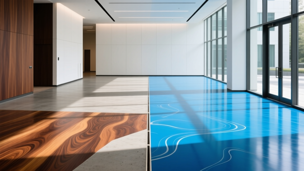 Side-by-side mahogany acid-stained concrete and vibrant blue water-based stained concrete floors in a modern sunlit lobby
