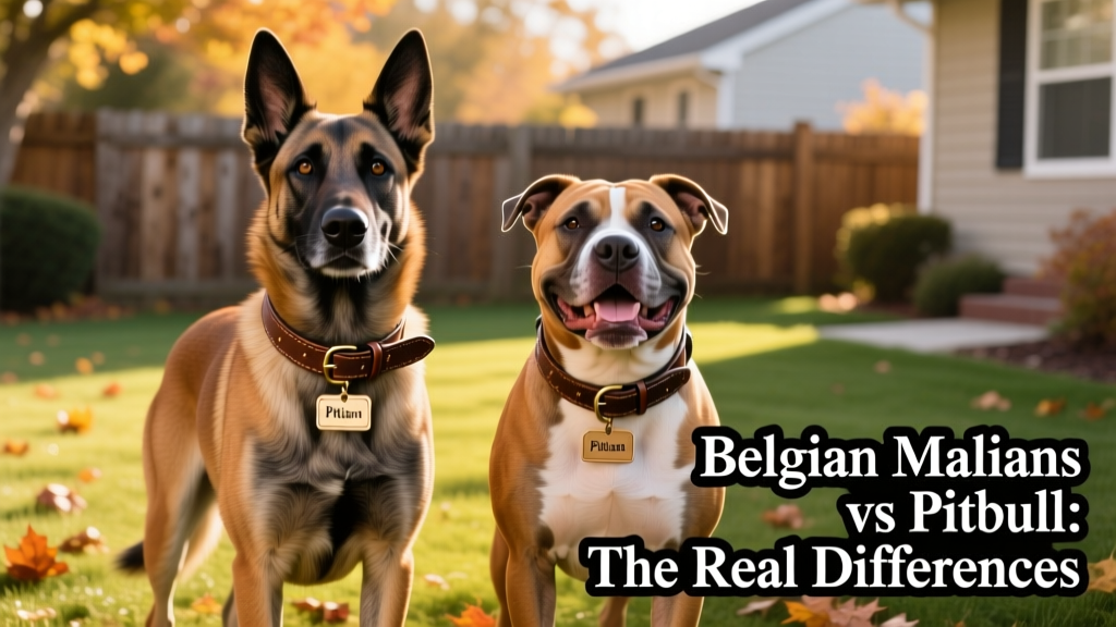 A happy, healthy Malinois and Pitbull side by side, both wearing collars and looking relaxed outdoors