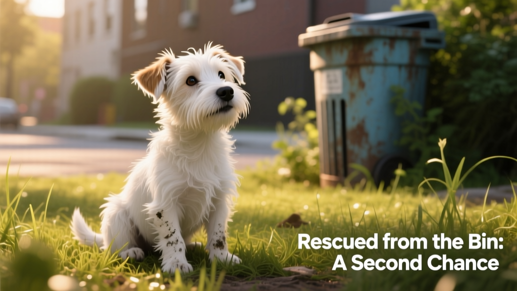 A scruffy white terrier mix puppy sitting calmly on a grassy patch, looking up with soft, trusting eyes