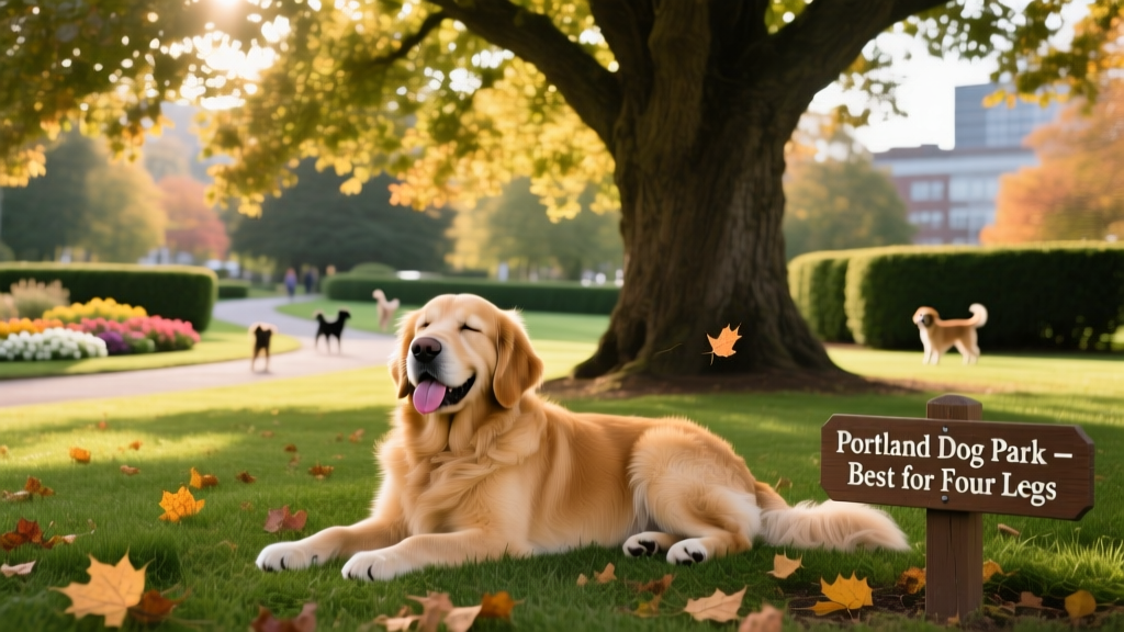 A relaxed golden retriever resting under a shady tree in a lush, manicured park