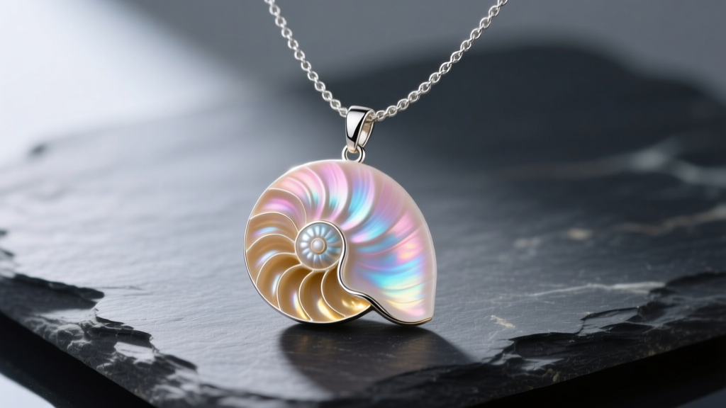 Close-up of a polished nautilus shell pendant on a delicate sterling silver rope chain, resting on a dark slate stone background.