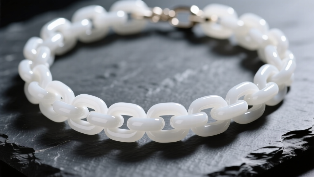 Macro shot of a white resin chunky chain necklace on dark slate, highlighting its glossy finish and seamless molded link joints.