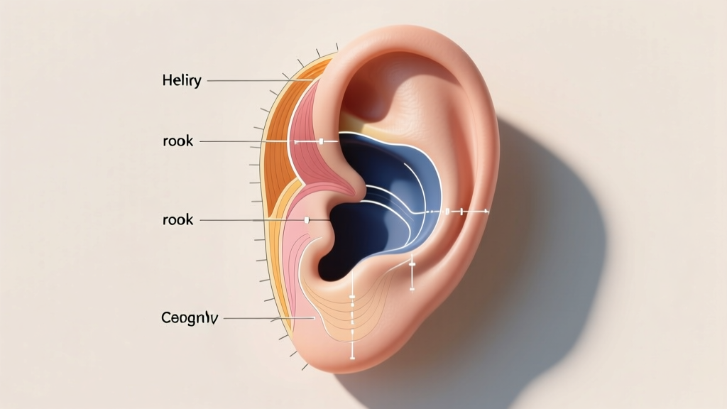 Anatomical diagram overlaid on a human ear highlighting the helix, rook, and conch zones with precise millimeter spacing marks.