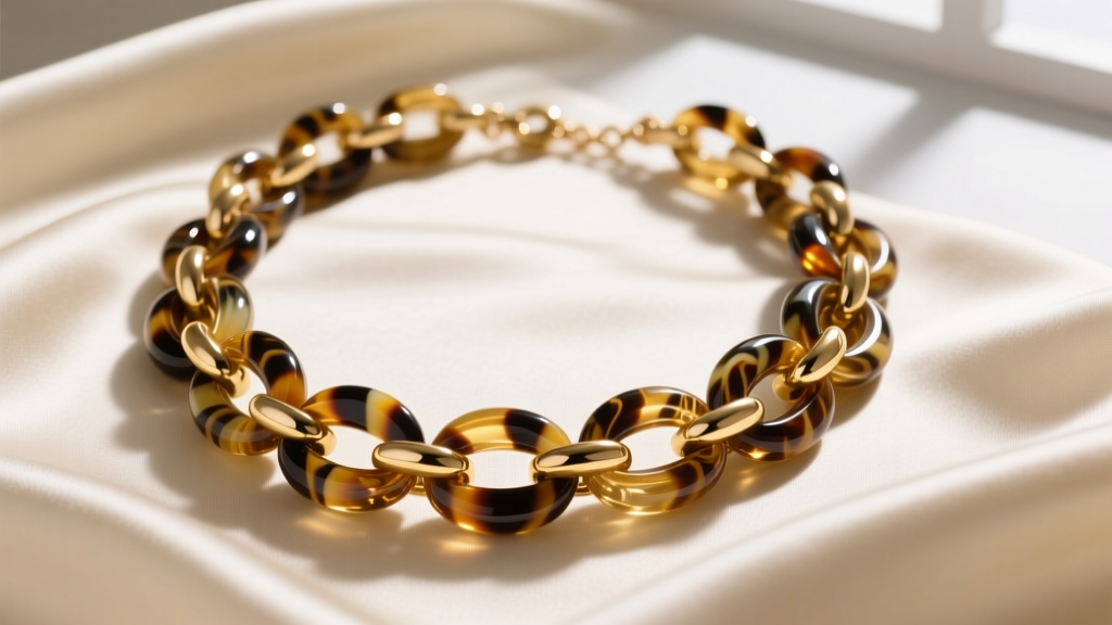 Flat lay of a vintage chunky gold-tone Nine West necklace with large acrylic tortoiseshell links resting on cream silk fabric.