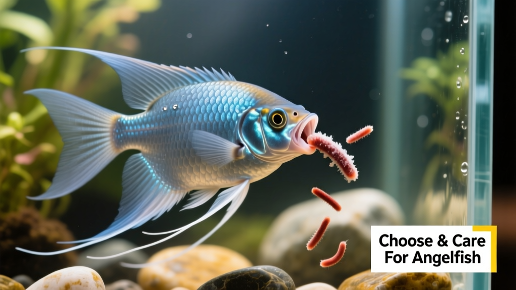Close-up of an angelfish feeding on frozen bloodworms, with visible interest and natural hunting posture