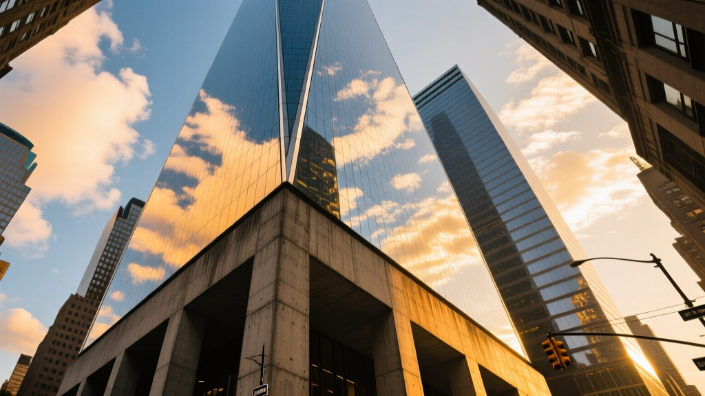 Low-angle architectural view of One World Trade Center glass facade reflecting the sky with its massive reinforced concrete base visible at street level