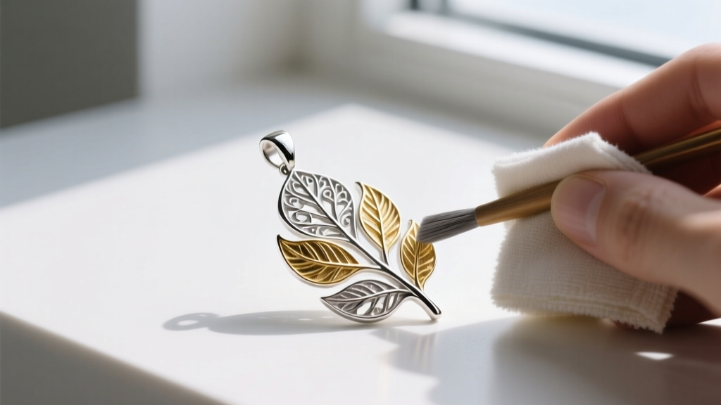 Polishing a sterling silver and gold Hawaiian Maile leaf pendant with a soft cloth, highlighting engraved metal details