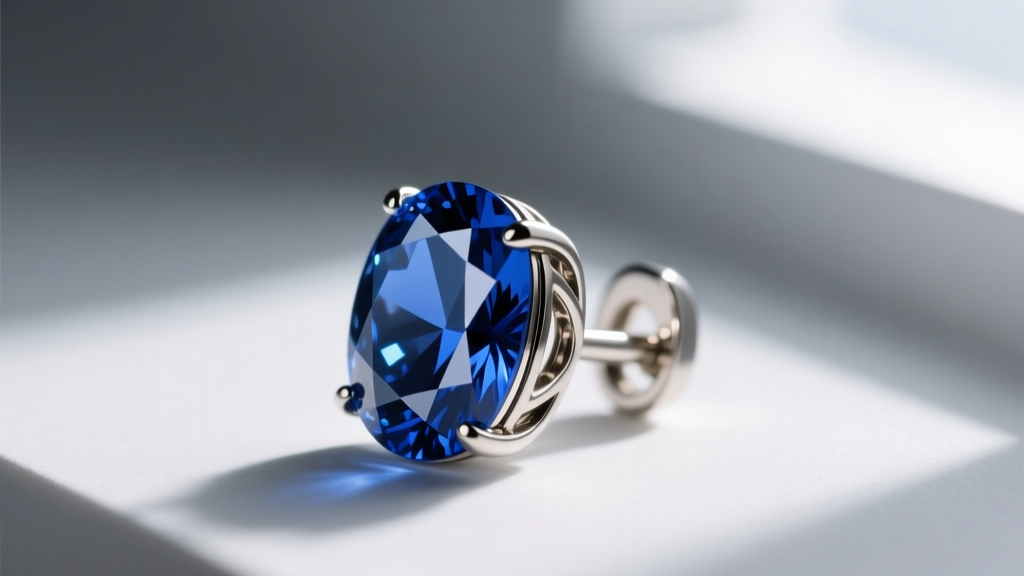Close-up of a heavy gemstone earring with an omega-back clasp gripping the earlobe and lower cartilage to distribute weight evenly.