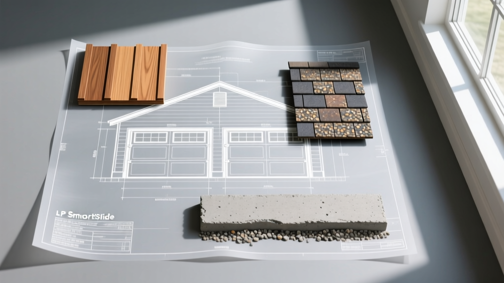 Blueprint of a two-car garage overlaid with LP SmartSide siding, asphalt shingles, and poured concrete foundation samples