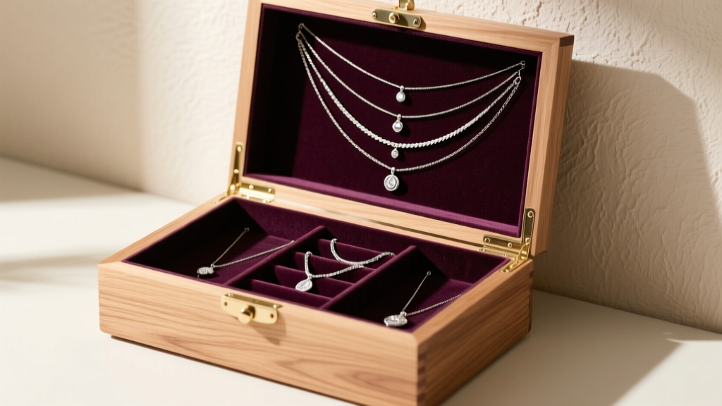 Open wooden Umbra Stowaway jewelry box revealing a hidden velvet-lined drawer with neatly hung layered silver necklaces