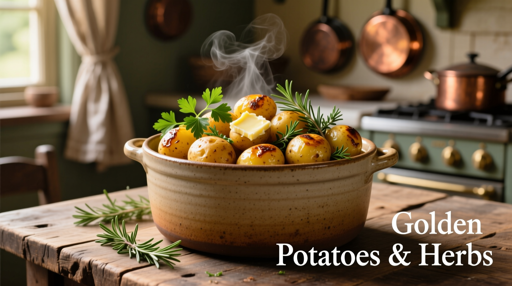Crock pot filled with golden potatoes and herbs