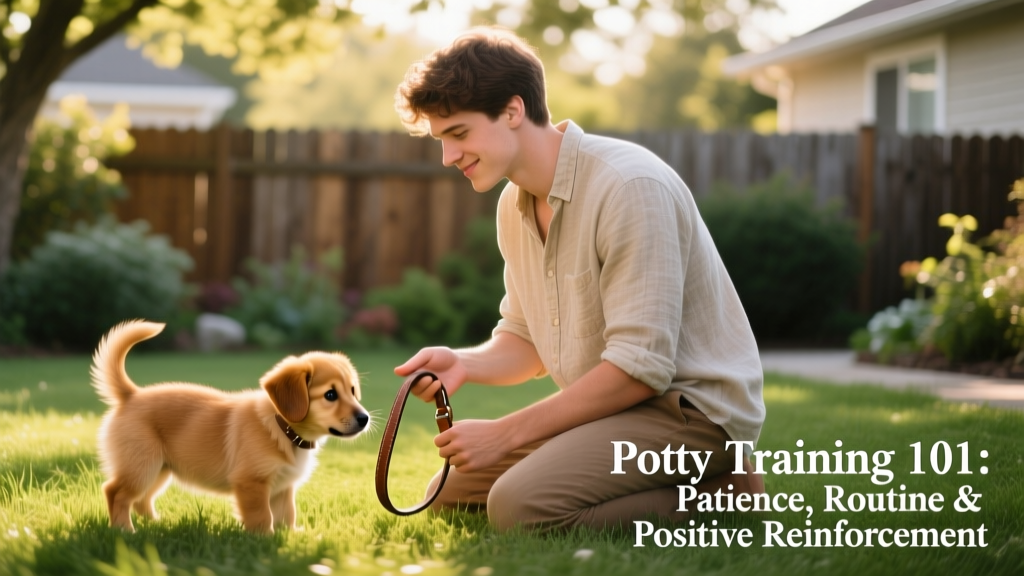 A person gently holding a leash while watching a small puppy sniffing near a grassy patch, ready to potty